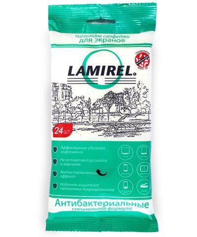 Антибактериальные чистящие салфетки Lamirel для экранов всех типов, 24 шт, еврослот, мягкая упаковка в Уральске.